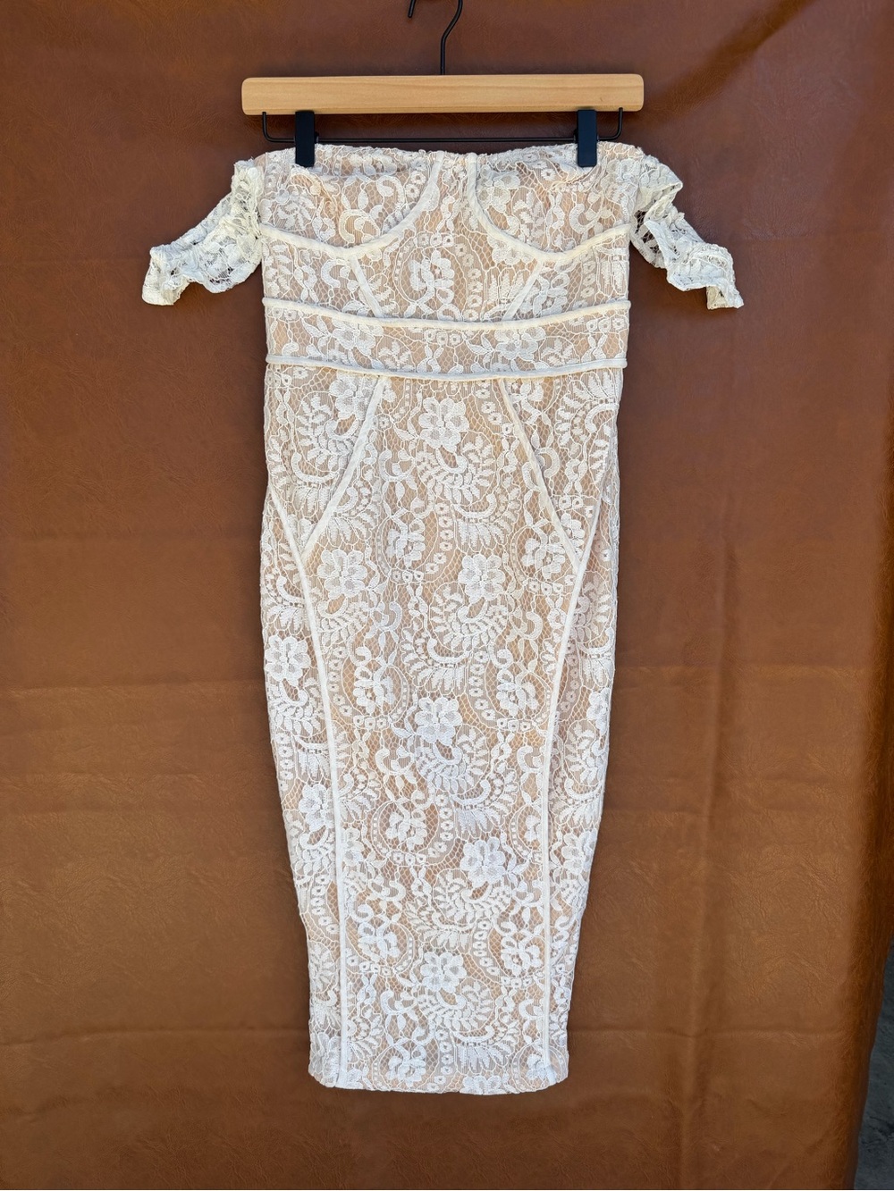 PrettyLittleThing Bardot Lace Off Shoulder Midi Dress US 6 Ivory Bridal Shower